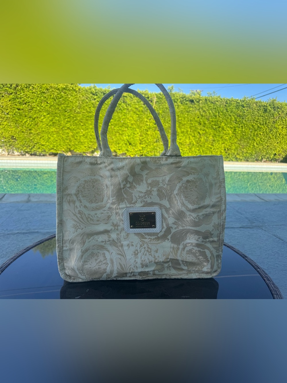 Dolcessa Cream Floral Jacquard Tote with Gold Logo Plaque
